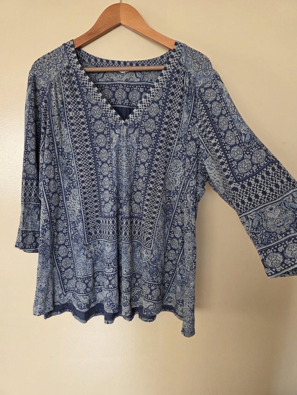 Lucky Brand Boho Paisley Geometric Blue VNeck Tunic Top 3X Linen Blend Artsy